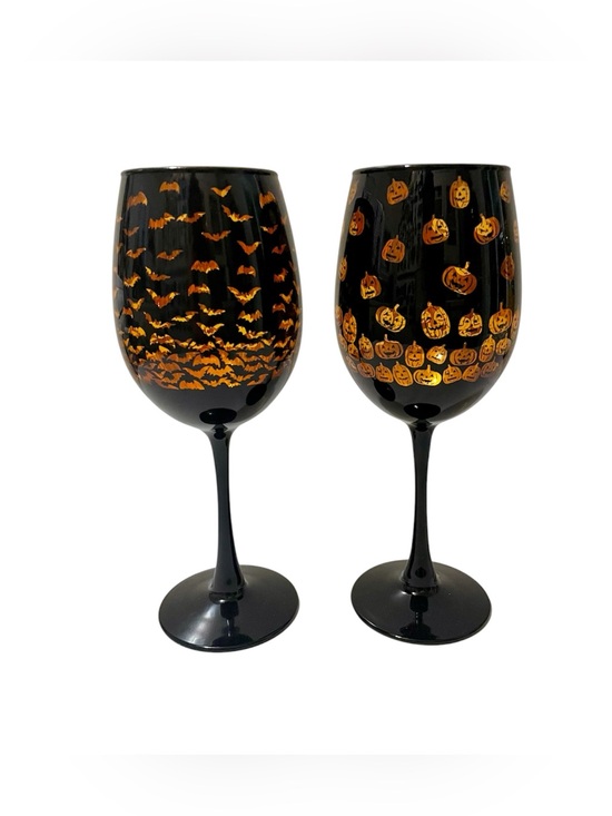 Way To Celebrate Other - Halloween Bats & Pumpkins Two Tone Wine Glass - Set of 2